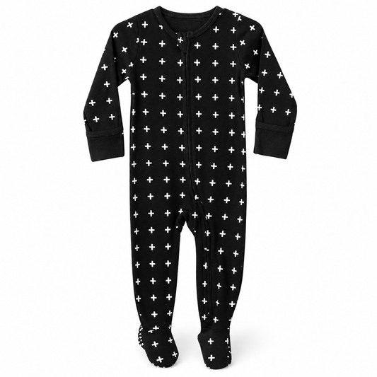 Modern Burlap organic zip footie in White on Black Swiss Cross, full front studio view