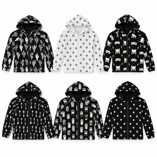Six signature-print organic zip hoodies shown at matching scale: Cactus, Snowflakes, Hero Struck, Arrows, Coffee Love and Swiss Cross.