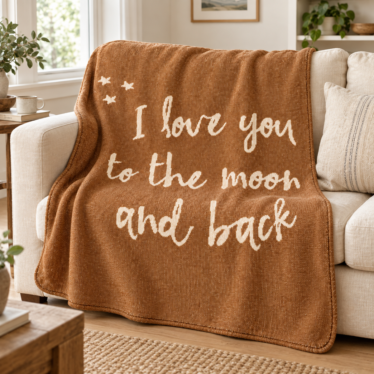 Caramel Love You to the Moon and Back knit blanket on a cream sofa.