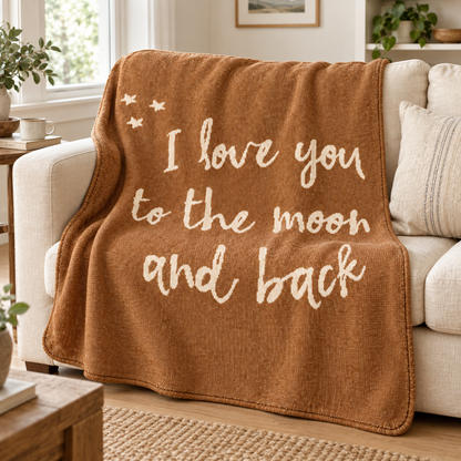 Caramel Love You to the Moon and Back knit blanket on a cream sofa.