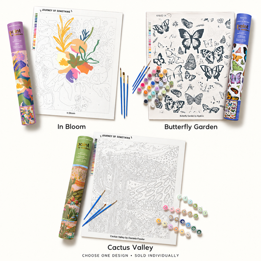 Three paint-by-numbers design choices: In Bloom, Butterfly Garden and Cactus Valley. Sold individually.