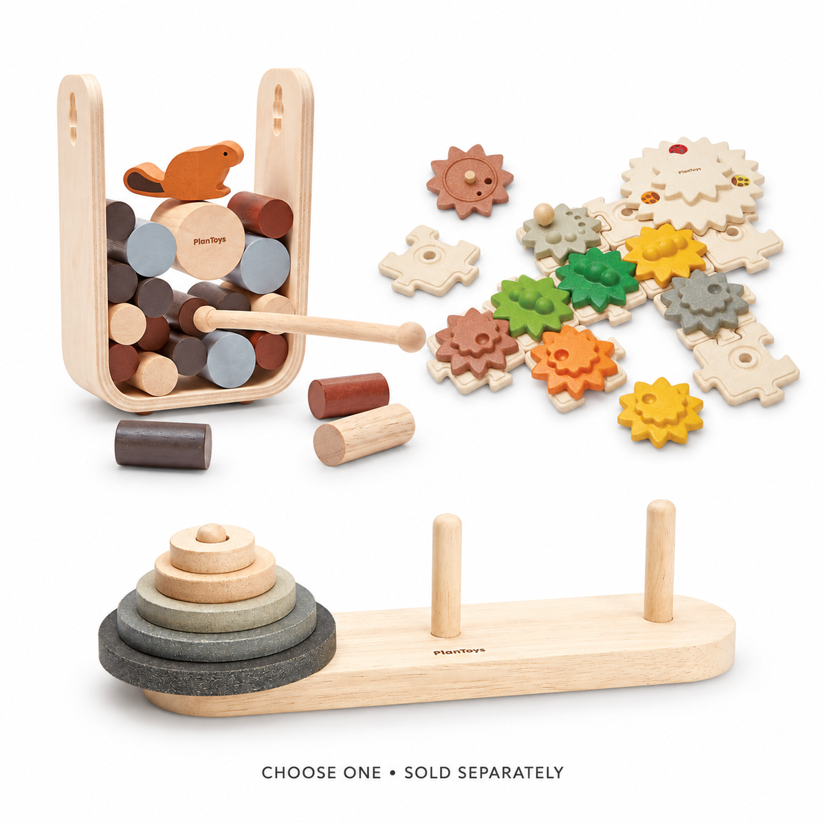 PlanToys Lucas Tower, Timber Tumbler and Gear and Puzzle — choose one, sold separately