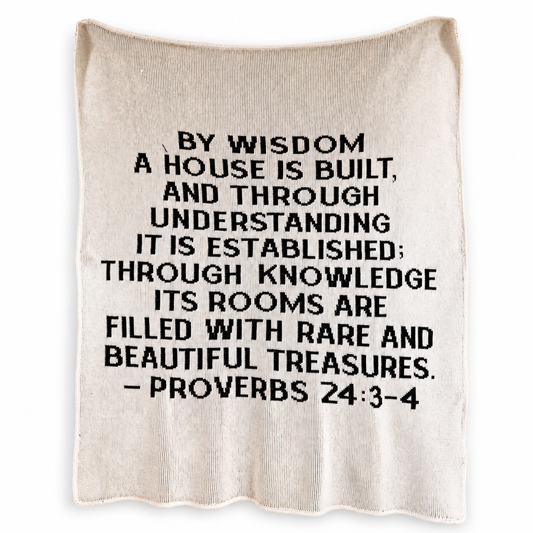 Proverbs 24:3-4 Recycled Cotton Throw Blanket — Natural color, full blanket view showing the original knitted design and finished edges.