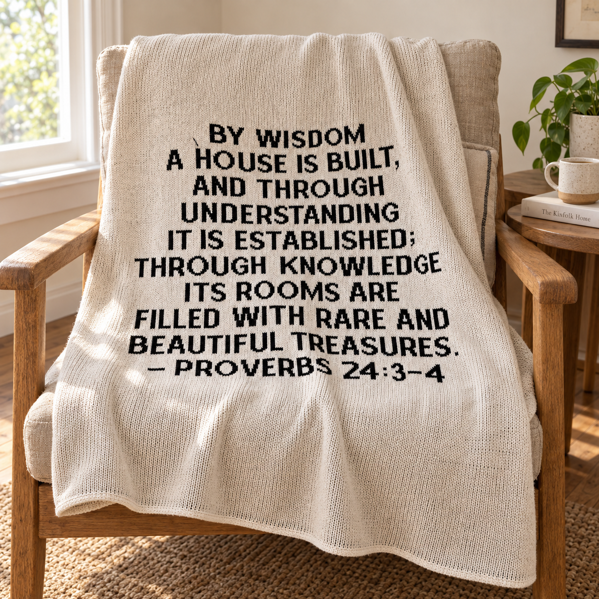 Natural Proverbs 24:3-4 cotton knit blanket draped on an oak reading chair, with the complete verse visible.