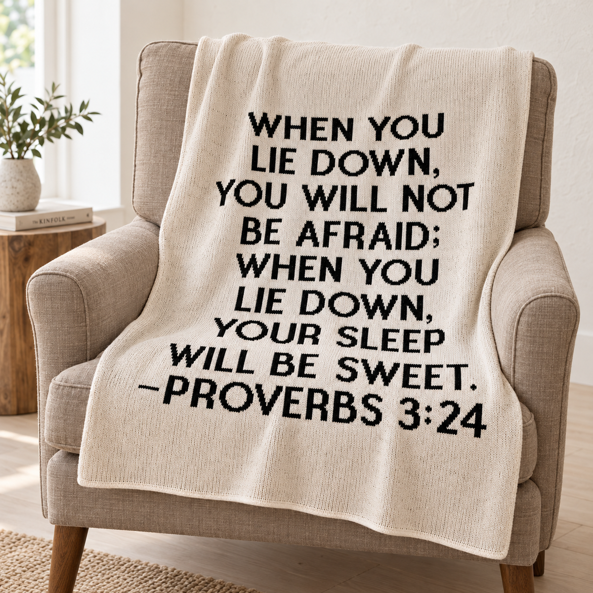 Natural ivory Proverbs 3:24 blanket with black block lettering draped over a taupe linen reading chair.
