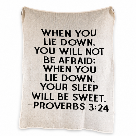 Proverbs 3:24 Recycled Cotton Throw Blanket — Natural color, full blanket view showing the original knitted design and finished edges.