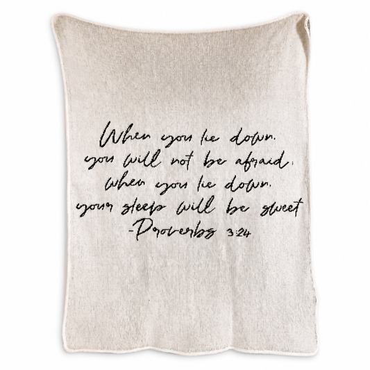 Proverbs 3:24 Recycled Cotton Throw Blanket — Natural color, full blanket view showing the original knitted design and finished edges.
