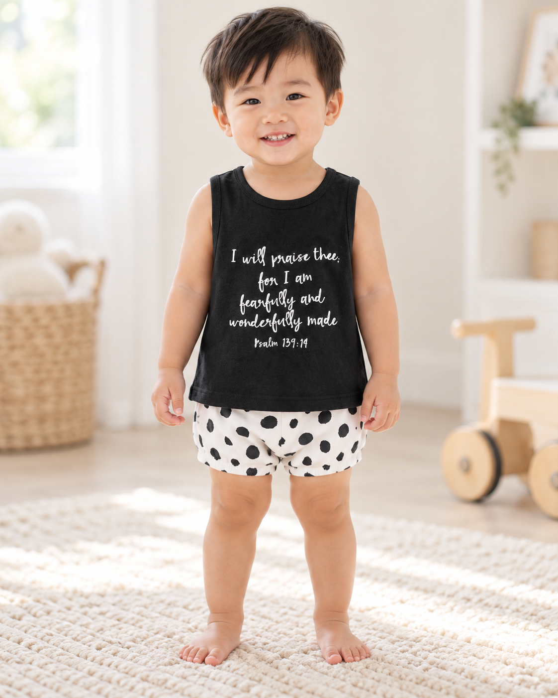 AI-styled toddler wearing the black Psalm 139:14 tank; spotted bottoms are styling accessories, not included.