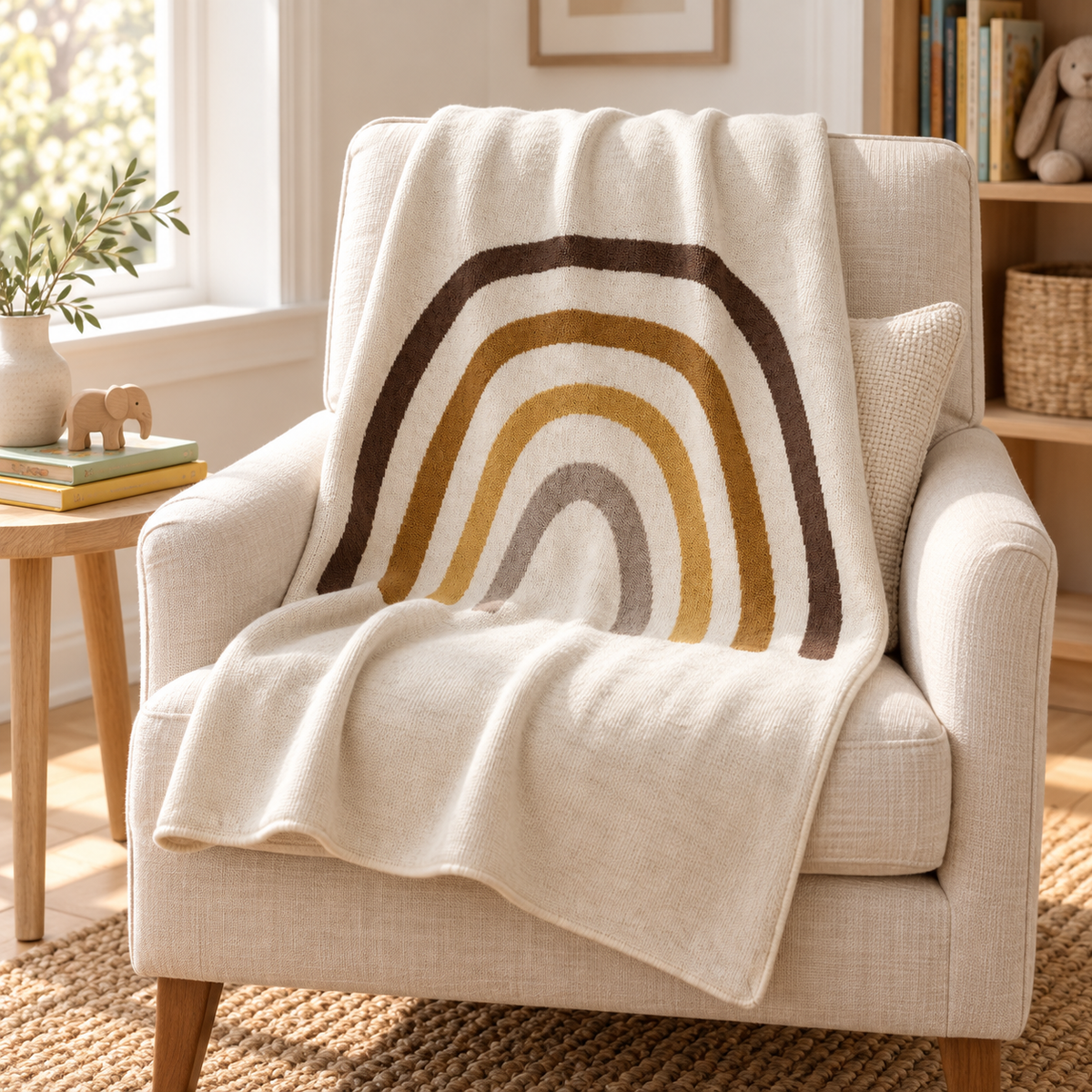 Rainbow recycled cotton blanket — Neutral blanket on an ivory reading chair