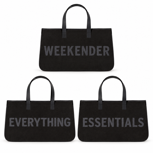 Weekender, Everything and Essentials black canvas totes shown together; sold individually, choose your design.