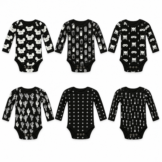 Six signature long sleeve bodysuits at matching scale: Modern Mouse, Coffee Love, Hero Struck, Cactus, Swiss Cross and Arrows; each sold separately