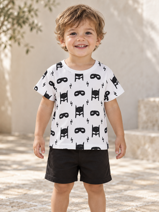 Child wearing a white superhero mask-print tee and black shorts outdoors.