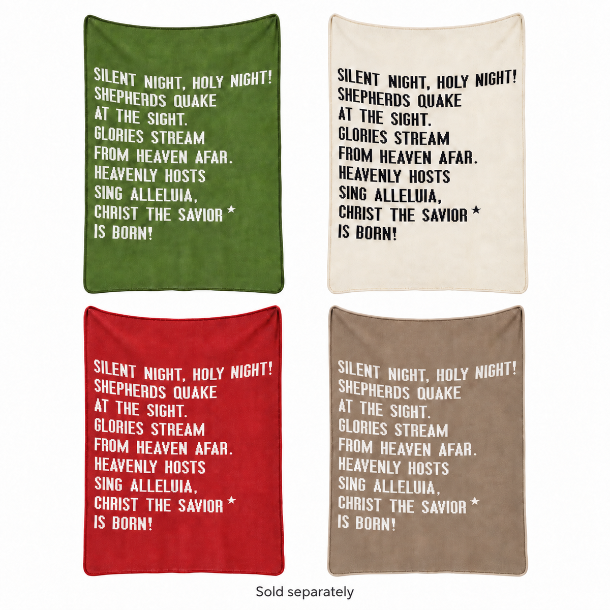 Silent Night blankets in Kaki Green, Natural, Rust Red and Taupe on white. Sold separately.