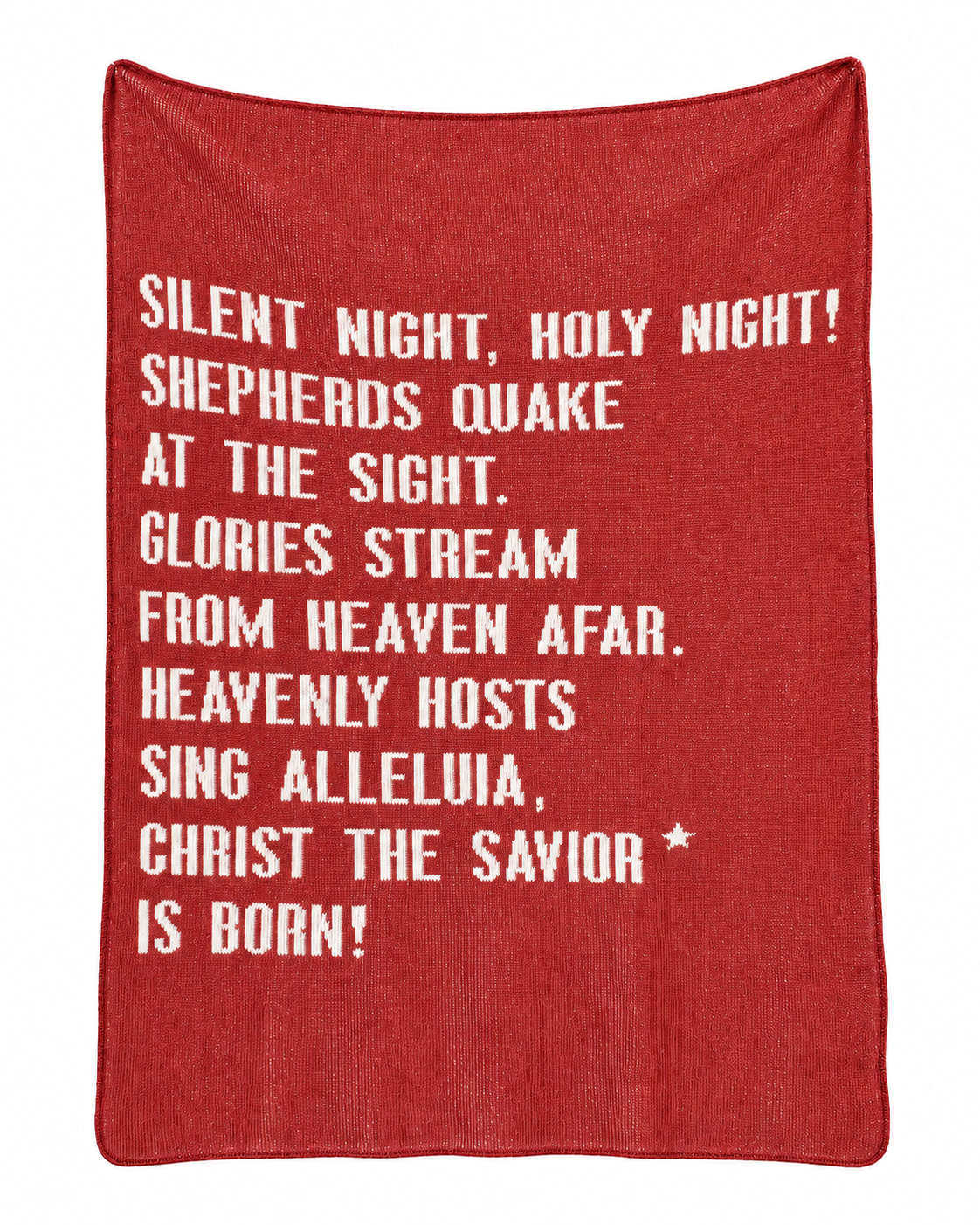 Silent Night recycled cotton blanket in Rust Red, full design on white.