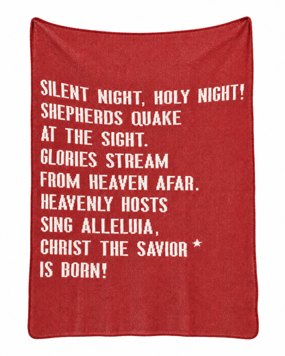 Silent Night recycled cotton blanket in Rust Red, full design on white.