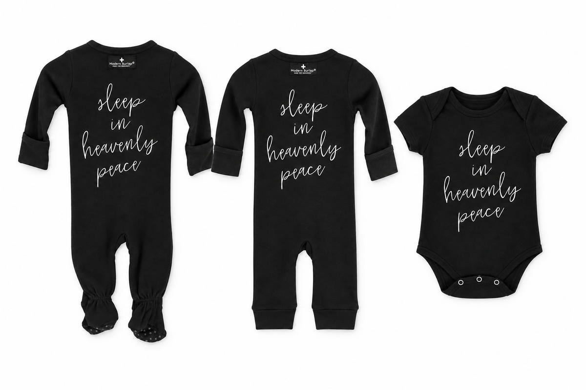 Coordinating Sleep in Heavenly Peace footie, footless coverall and short sleeve bodysuit; each garment sold separately. Footie and coverall shown from the back; bodysuit from the front.