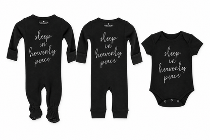 Coordinating Sleep in Heavenly Peace footie, footless coverall and short sleeve bodysuit; each garment sold separately. Footie and coverall shown from the back; bodysuit from the front.