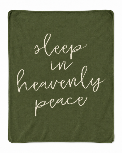 Sleep in Heavenly Peace recycled cotton blanket — Kaki Green studio view