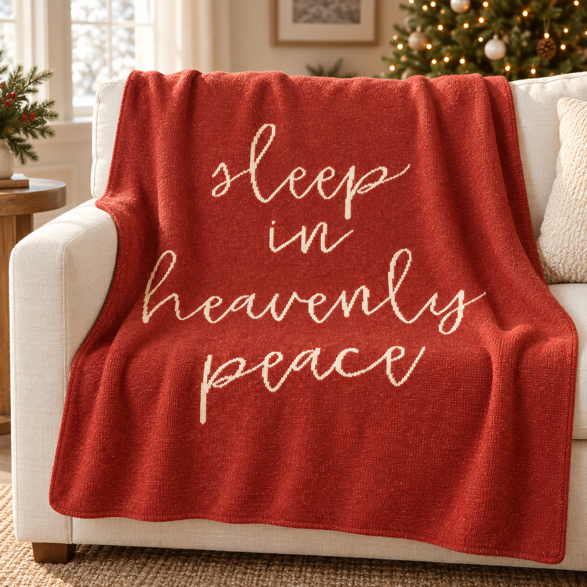 Sleep in Heavenly Peace recycled cotton blanket — Rust Red throw draped on an ivory sofa in a Christmas living room