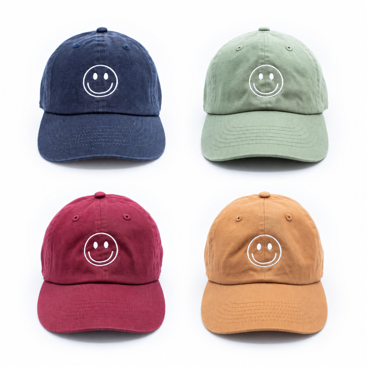 Rey to Z smiley hats in Navy, Dusty Sage, Maroon and Terra Cotta. Displayed at matching scale; select color and size separately.