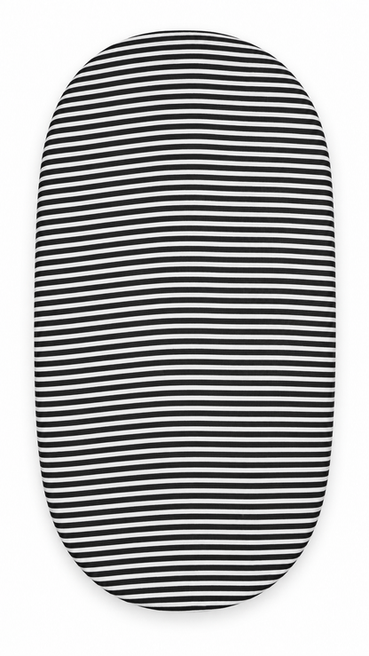 Stripes organic muslin bassinet and small changing pad sheet, fitted product view. Sheet sold separately; pad not included.