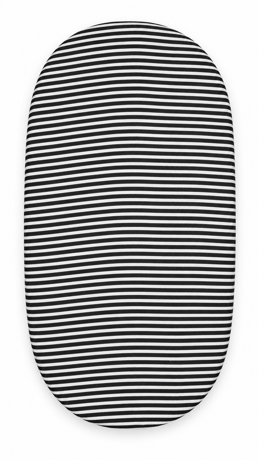 Stripes organic muslin bassinet and small changing pad sheet, fitted product view. Sheet sold separately; pad not included.