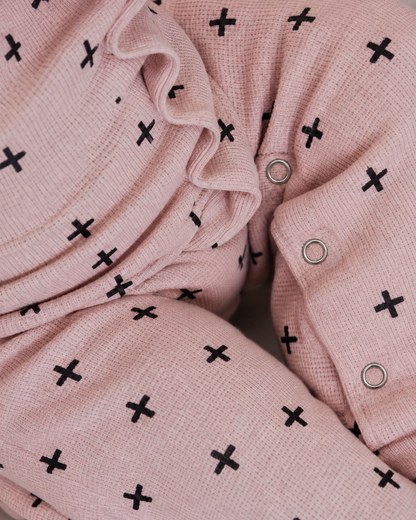 Pink Swiss Cross thermal knit and silver ring snap detail