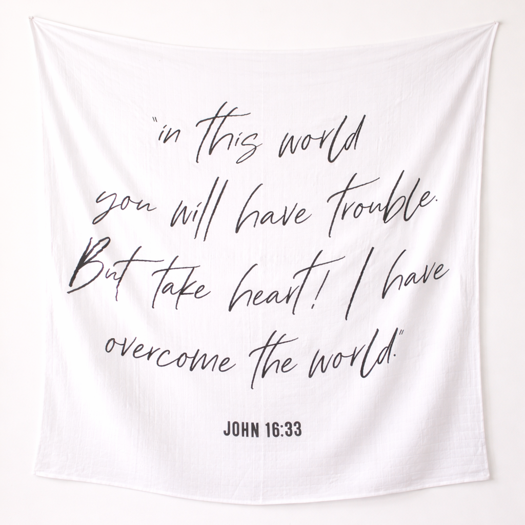 John 16:33 organic cotton muslin Scripture swaddle detail