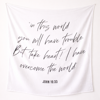 John 16:33 organic cotton muslin Scripture swaddle detail