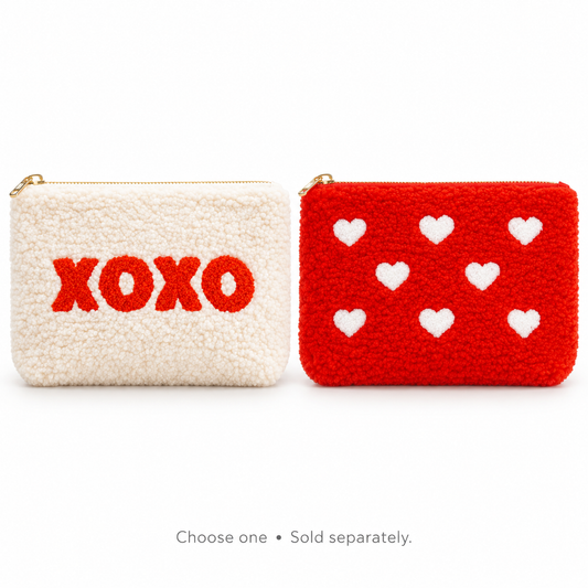 The Darling Effect cream XOXO and red heart teddy pouches — choose one, sold separately