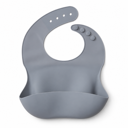 The Saturday Baby silicone bib in Sky on white, front studio view.