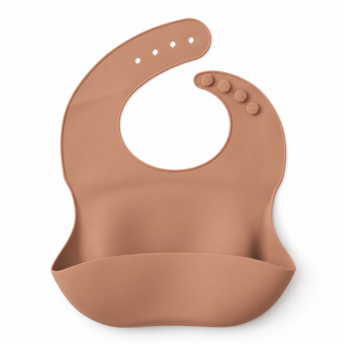 The Saturday Baby silicone bib in Coco on white, front studio view.