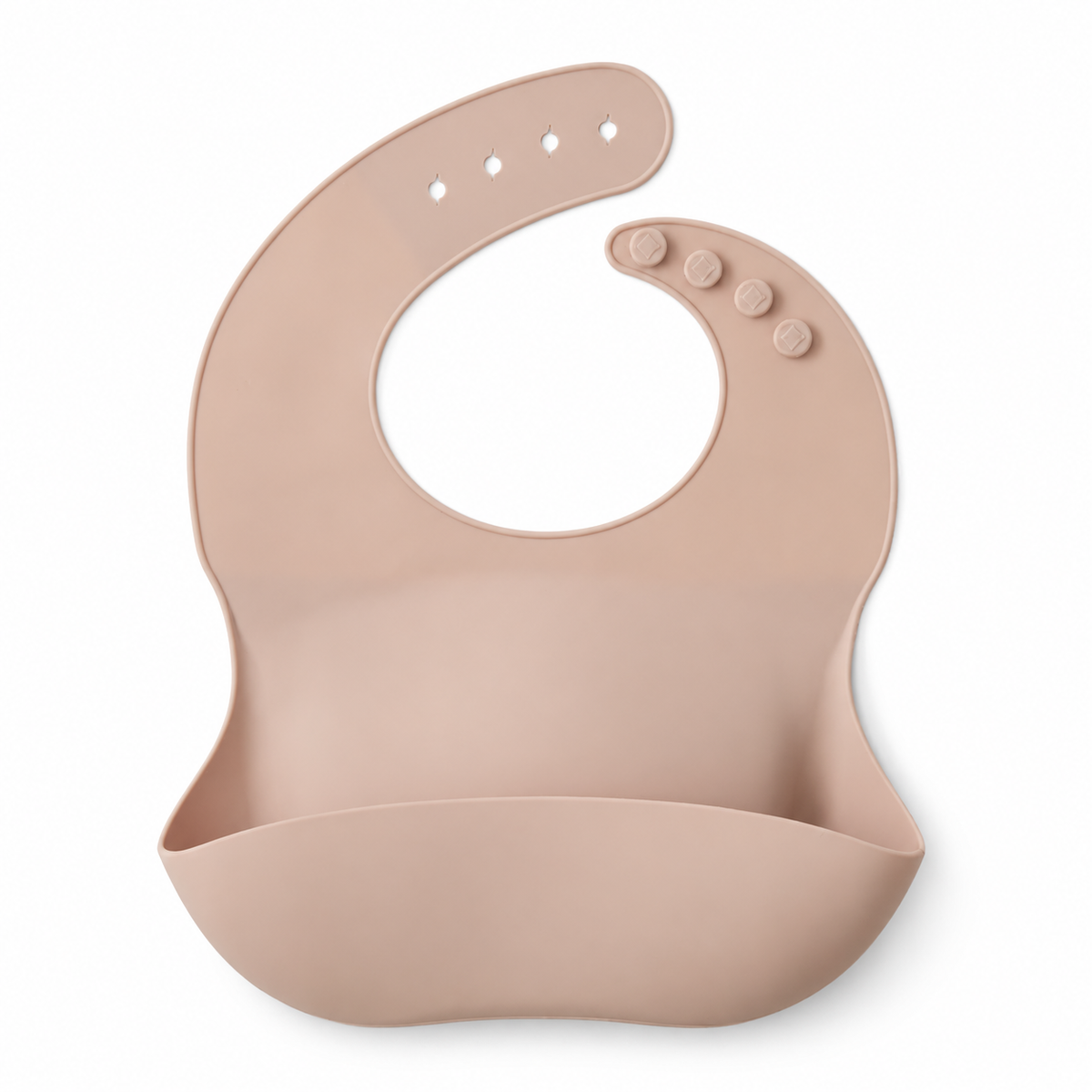 The Saturday Baby silicone bib in Sand on white, front studio view.