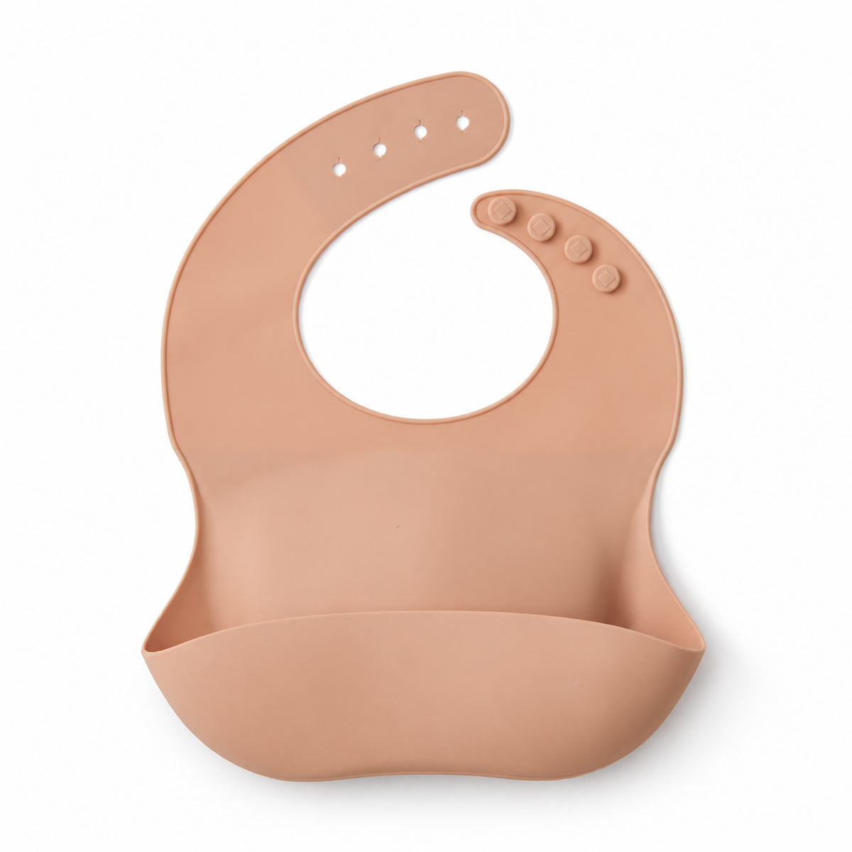 The Saturday Baby silicone bib in Peach on white, front studio view.