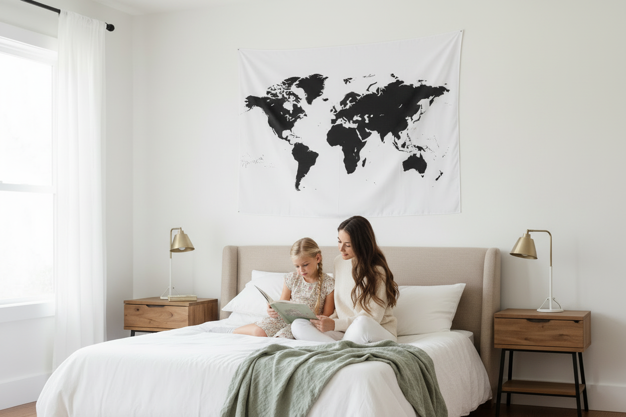 World Map Organic Swaddle + Wall Art | GOTS Certified Organic Cotton Muslin