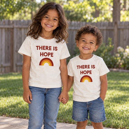 AI-styled siblings wearing ivory There Is Hope kids tees in a sunny family backyard