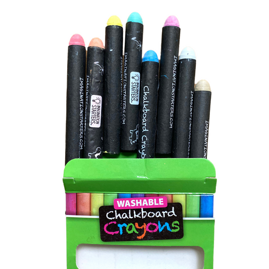 Eight washable chalkboard crayons in an open pack