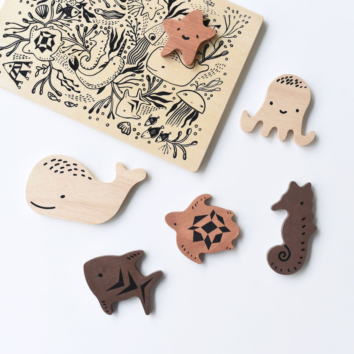 Ocean Animals wooden puzzle reverse tray and freestanding animal pieces