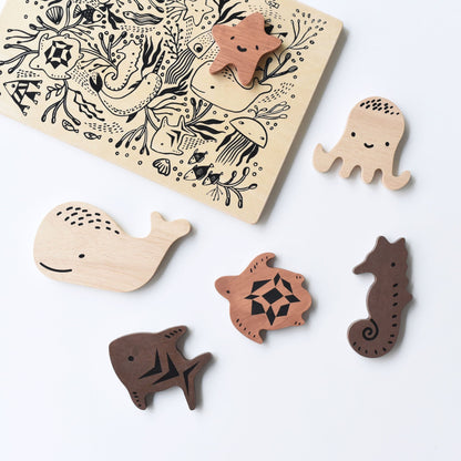 Ocean Animals wooden puzzle reverse tray and freestanding animal pieces