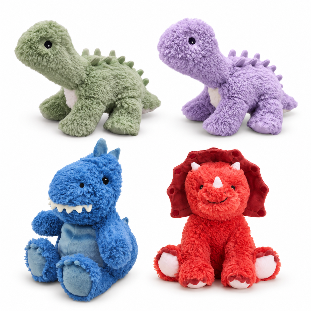 Warmies dinosaurs choices: Green Long Neck Dinosaur, Purple Long Neck Dinosaur, T-Rex, Red Triceratops. Each sold individually.