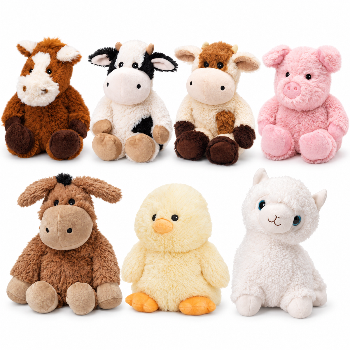Seven Warmies farm animal choices: horse, black and white cow, brown cow, pig, donkey, chick and llama. Each sold individually.