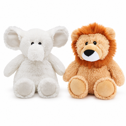 Warmies safari choices: White Elephant, Lion. Each sold individually.