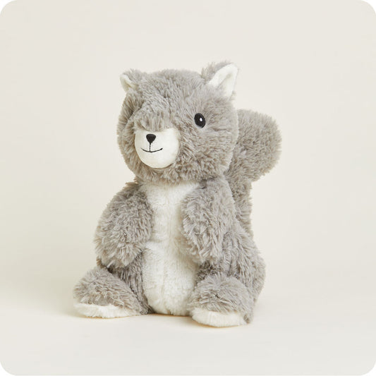 Gray Squirrel Warmies plush with cream tummy and fluffy tail, studio view