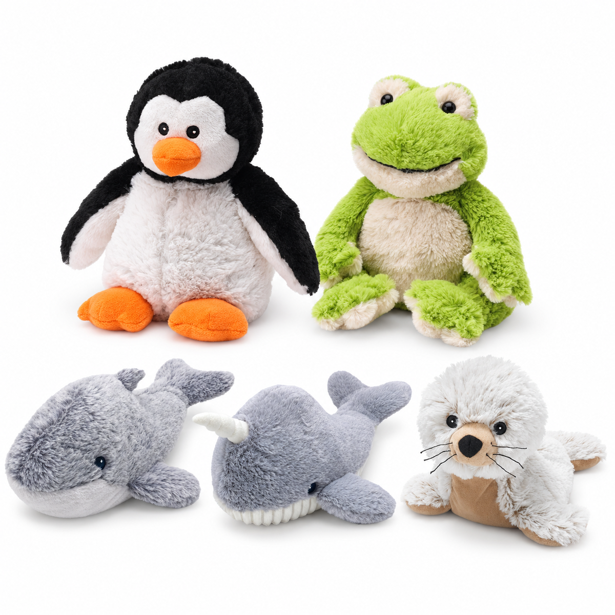 Warmies water choices: Black Penguin, Dolphin, Narwhal, Seal, Frog. Each sold individually.