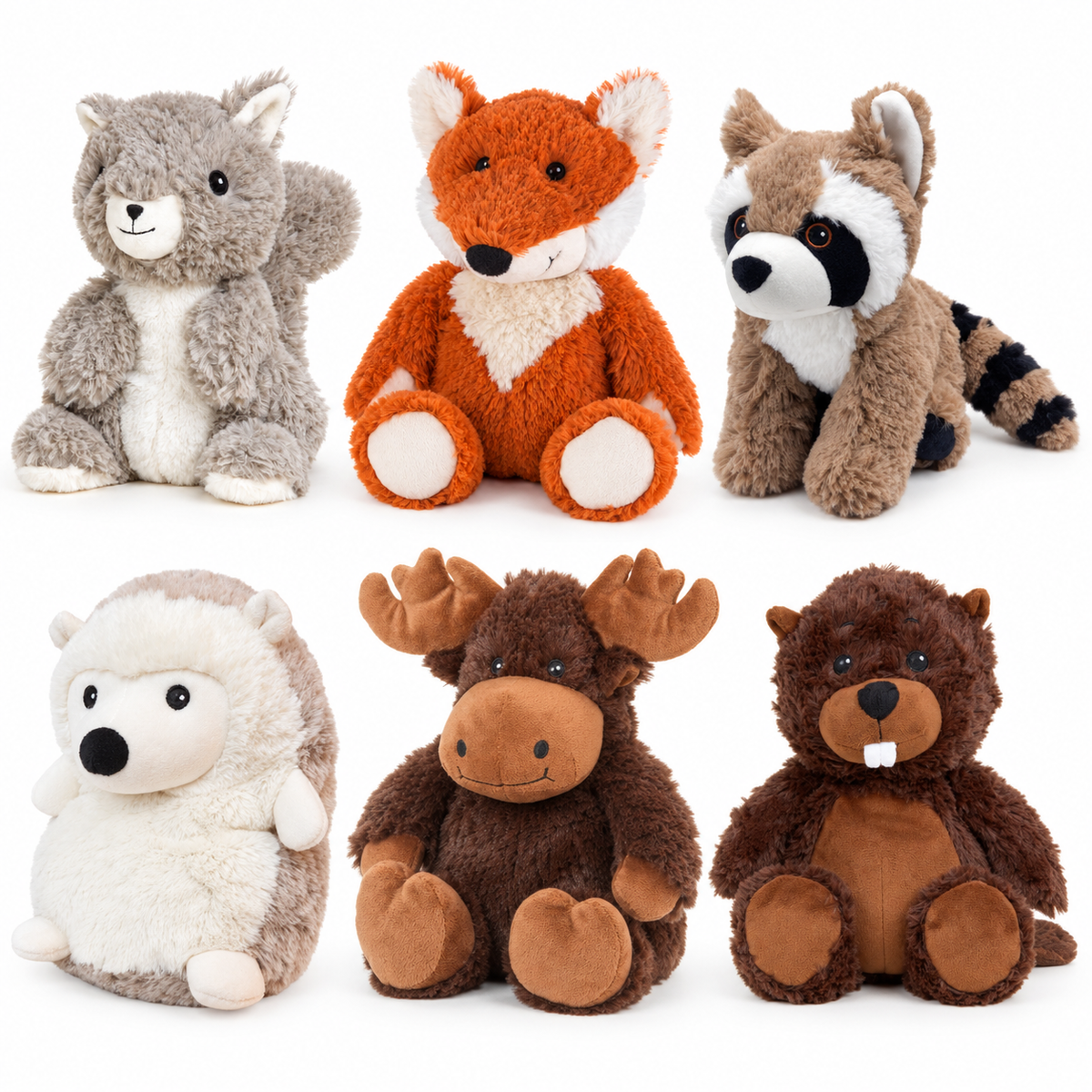 Warmies woodland choices: Squirrel, Fox, Raccoon, Hedgehog, Moose, Beaver. Each sold individually.