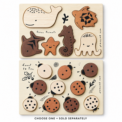 Wee Gallery Ocean Animals and Count to 10 Ladybugs wooden tray puzzles. Choose one; sold separately.