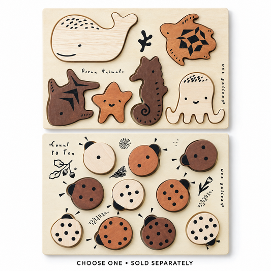 Wee Gallery Ocean Animals and Count to 10 Ladybugs wooden tray puzzles. Choose one; sold separately.