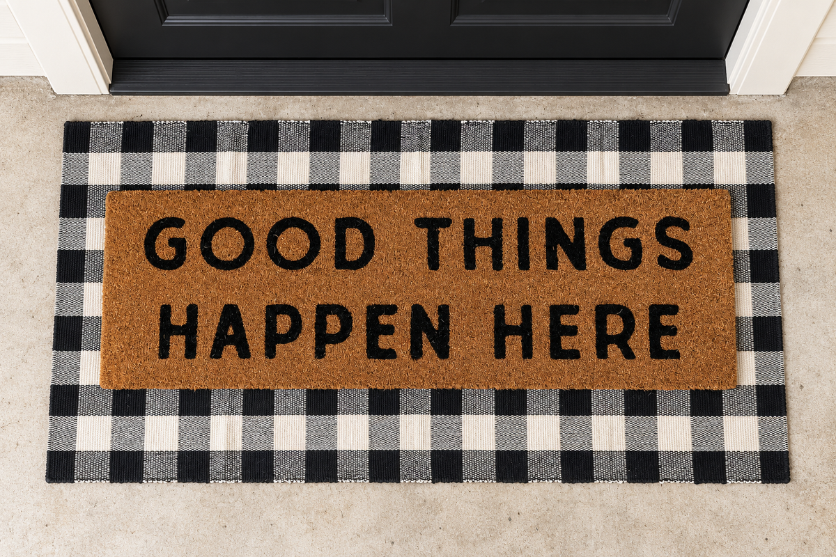 XL Doormat | Good Things Happen Here layered over a black and ivory buffalo plaid runner at a black door.
