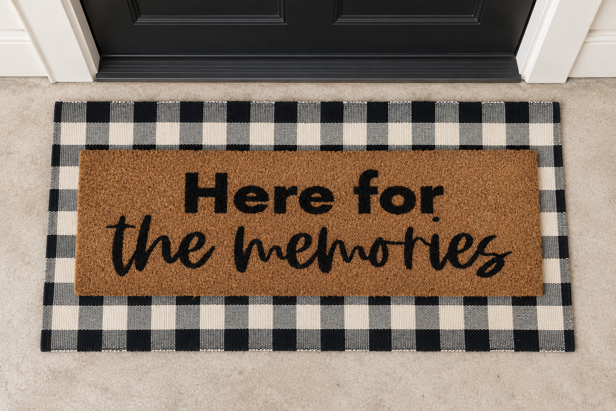 XL Doormat | Here for the Memories layered over a black and ivory buffalo plaid runner at a black door.