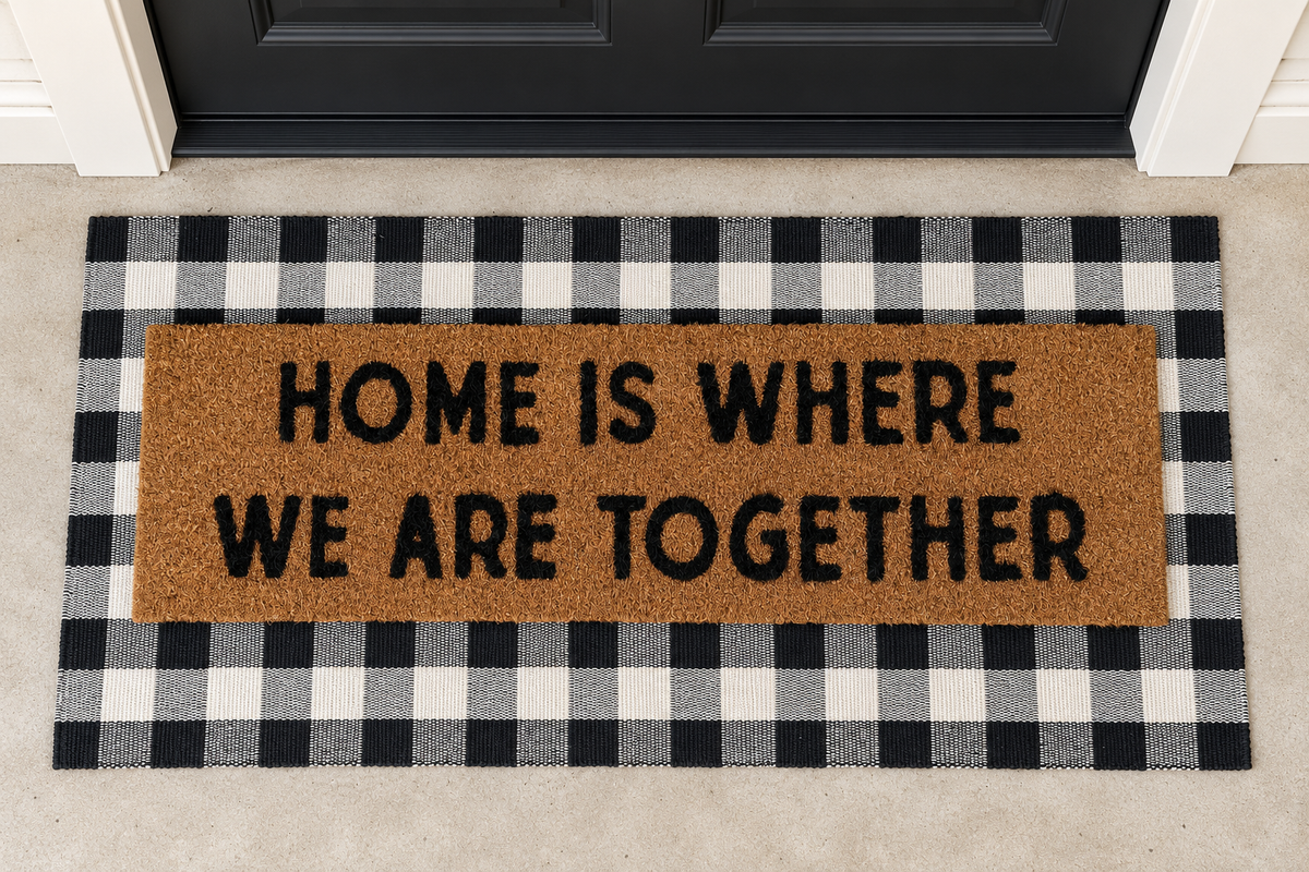 XL Doormat | Home Is Where We Are Together layered over a black and ivory buffalo plaid runner at a black door.